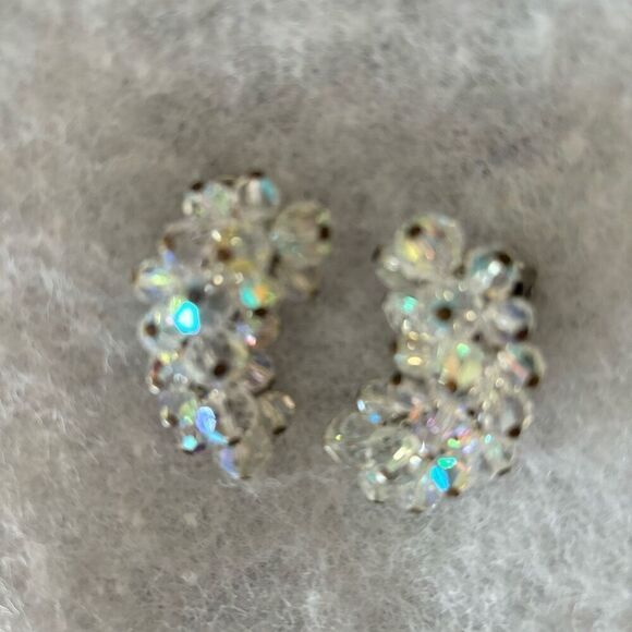Vintage Silver Tone Crystal Crescent Clip On Earrings - Picture 2 of 4